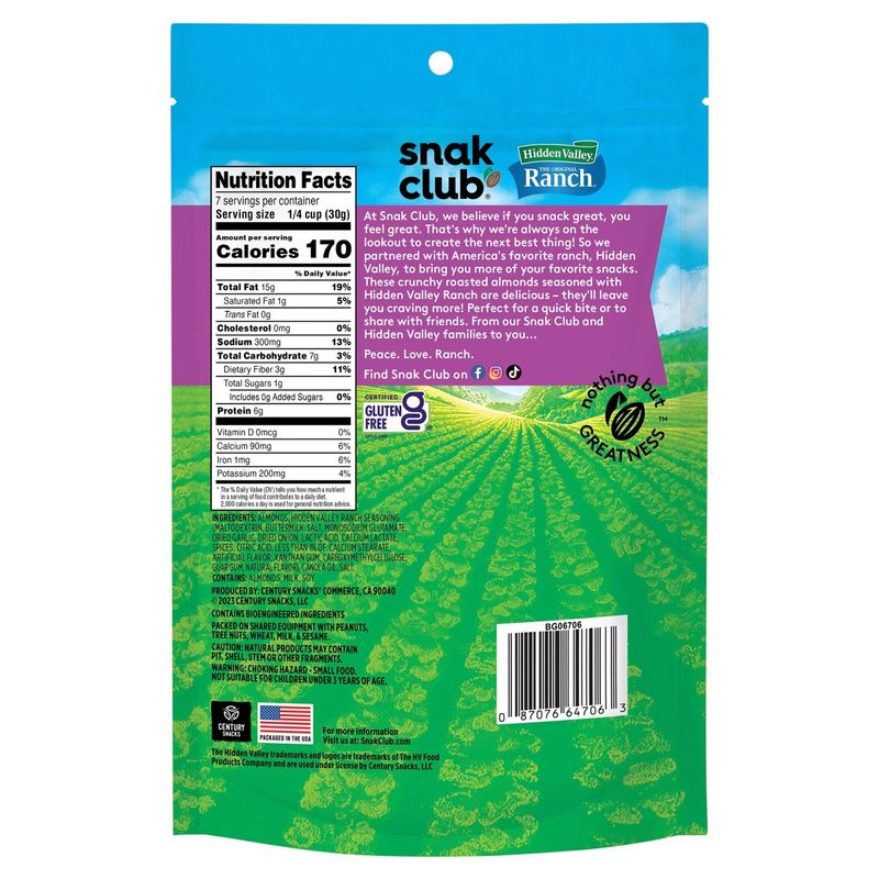 Snak Club Hidden Valley the Original Ranch Seasoned Almonds, 7 oz