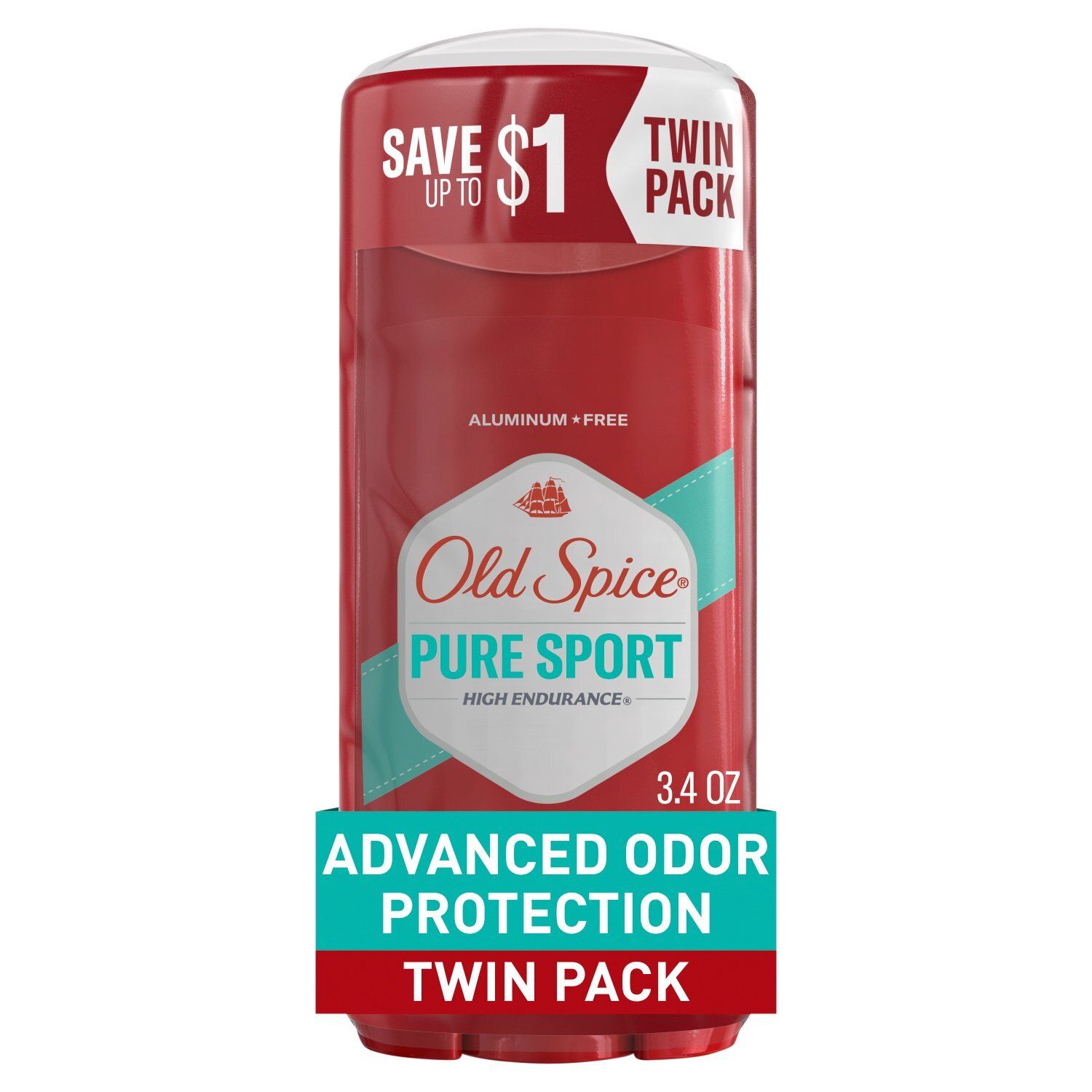 Old Spice High Endurance Aluminum Free Pure Sport Deodorant Twin Pack, 3.4 oz, 2 count