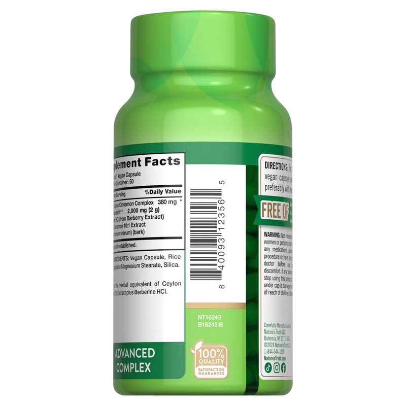 Nature's Truth Berberine Ceylon Cinnamon Complex Dietary Supplement, 2,000 mg, 50 count