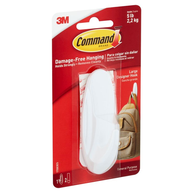 Command™ Large Designer Hook, White, 1 Hook, 2 Strips/Pack