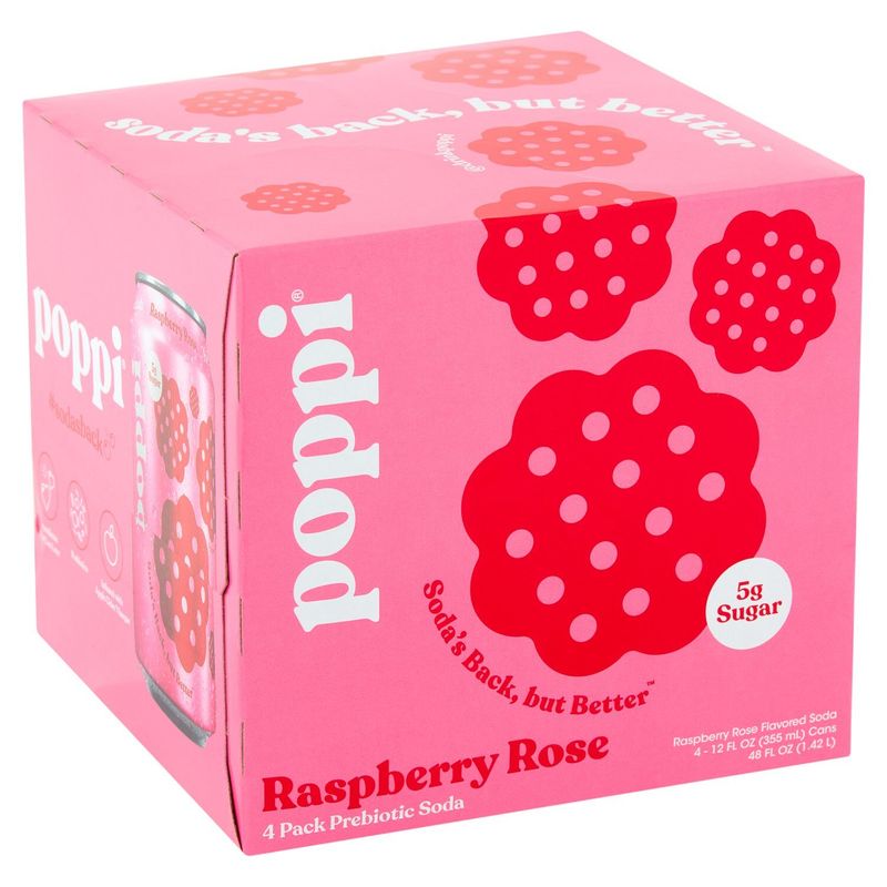 Poppi Raspberry Rose Prebiotic Soda, 12 fl oz, 4 count