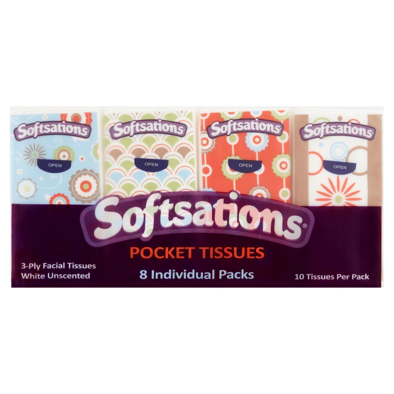 Softsations White Unscented 3-Ply Facial Pocket Tissues, 8 count