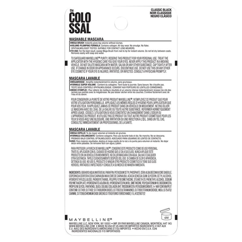 Maybelline New York The Colossal 231 Classic Black Washable Mascara, .31 fl. oz.