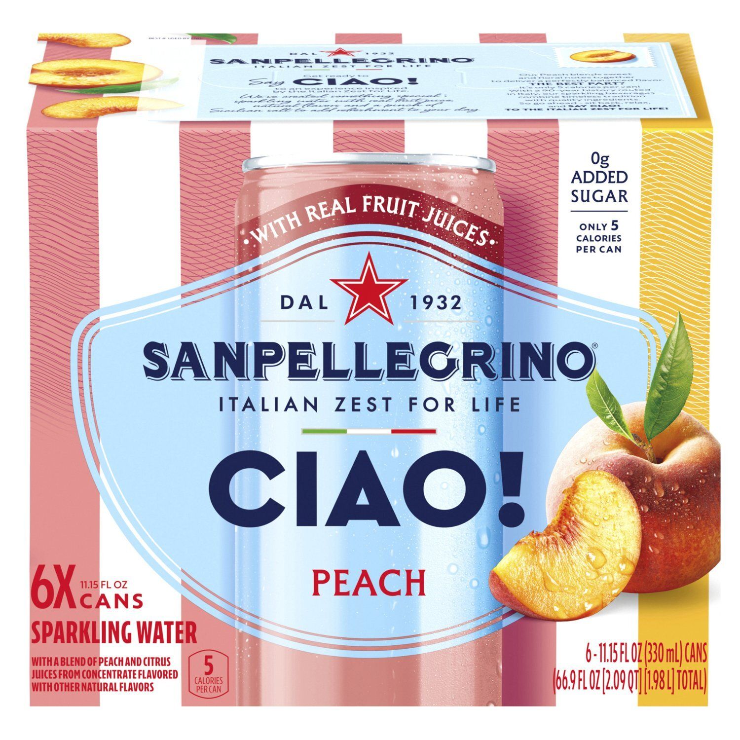 Sanpellegrino Ciao! Peach Sparkling Water, 11.15 fl oz, 6 count
