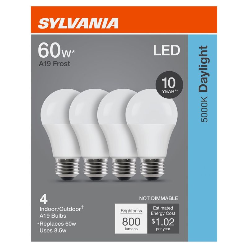 Sylvania Daylight LED 60W A19 Frost Bulbs, 4 count