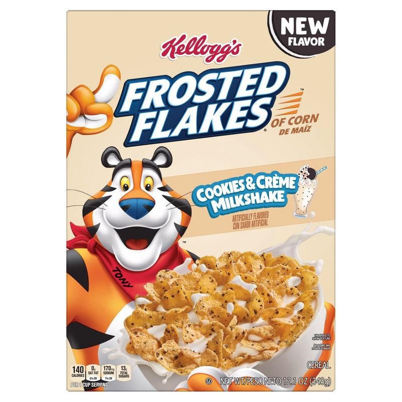 Kellogg's Frosted Flakes Cookies and Creme Milkshake Breakfast Cereal, Kids Cereal, 12.1 oz Box