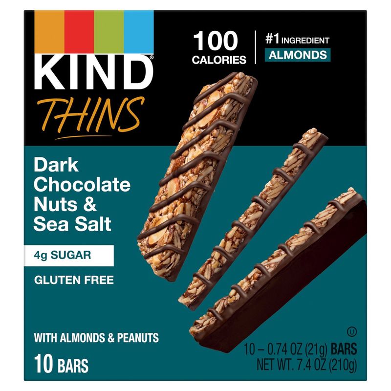 Kind Thins Dark Chocolate Nuts &amp; Sea Salt Bars, 0.74 oz, 10 count