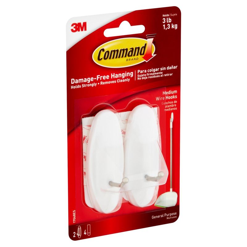 Command™ Medium Wire Hooks, White, 2 Hooks, 4 Strips/Pack
