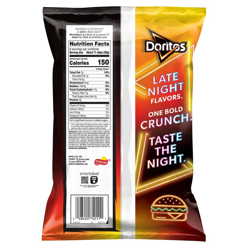 Doritos Late Night Sizzlin' Cheese Burger Flavored Tortilla Chips, 9 oz