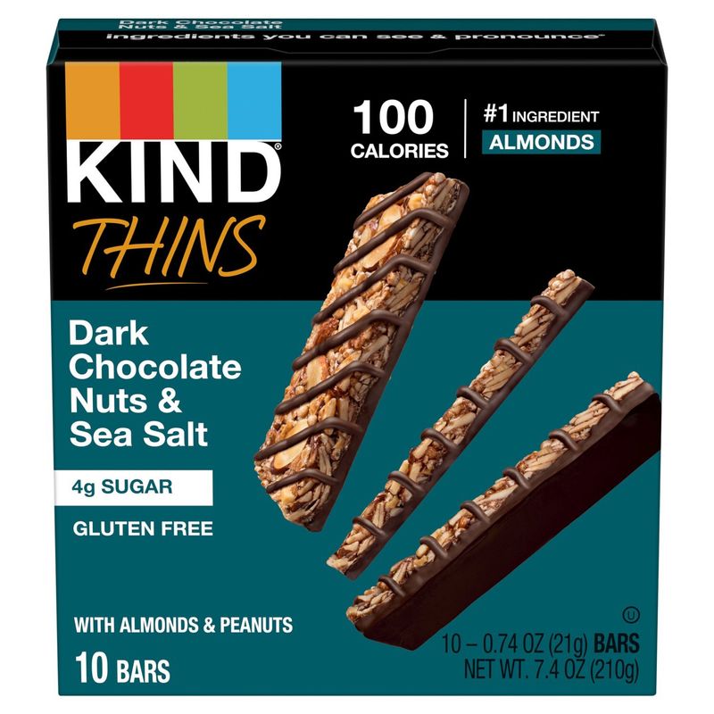 Kind Thins Dark Chocolate Nuts &amp; Sea Salt Bars, 0.74 oz, 10 count