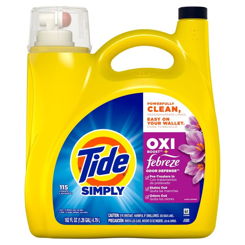 Tide Simply Oxi Boost + Febreze Odor Defense Sunny Breeze Laundry Detergent, 115 loads, 162 fl oz