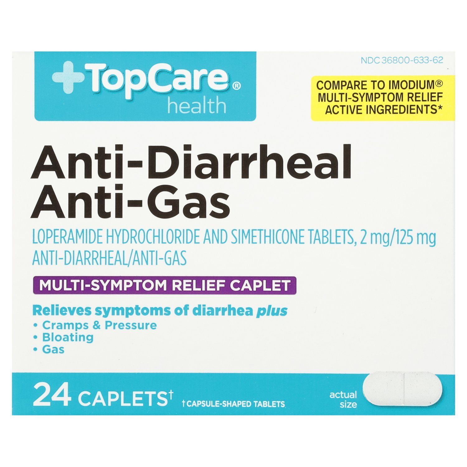 TopCare Anti-Diarrheal/Anti-Gas Multi-Symptom Relief Caplet, 2 mg/125 mg, 24 count