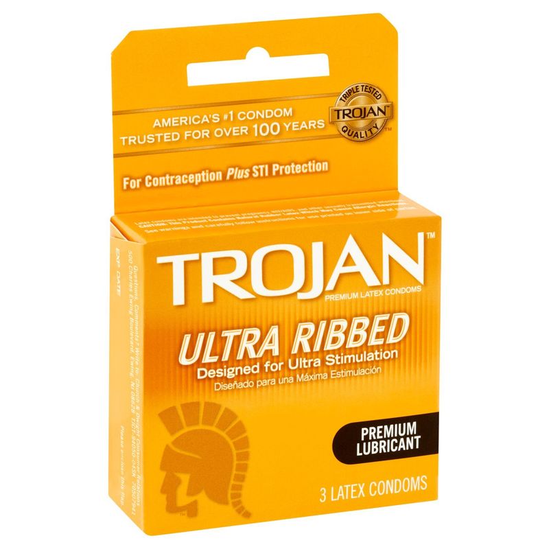 Trojan Ultra Ribbed Premium Lubricant Latex Condoms, 3 count