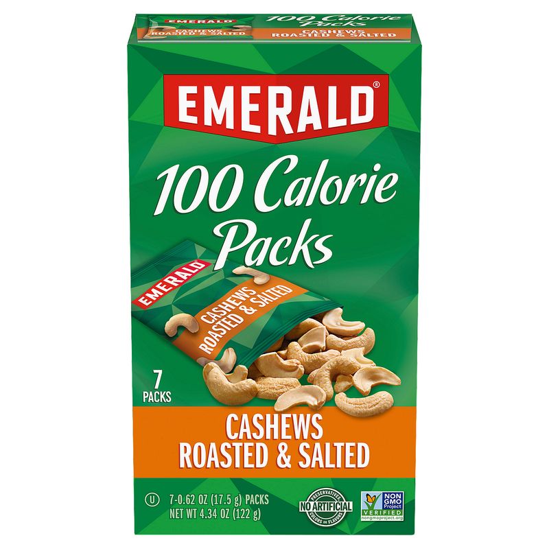 Emerald 100 Calorie Packs Roasted &amp; Salted Cashews, 0.62 oz, 7 count