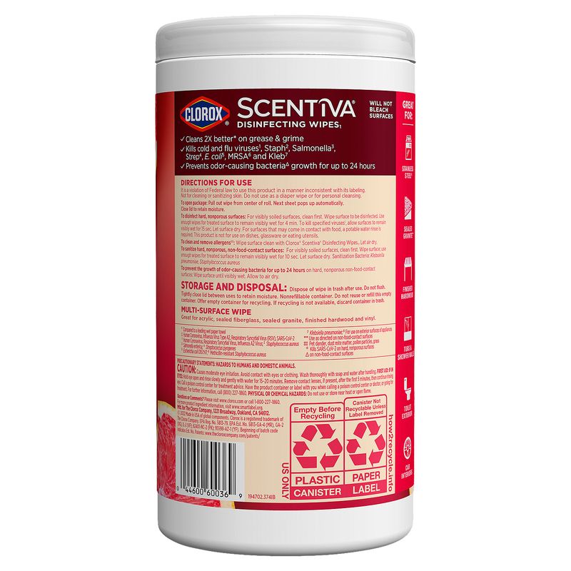 Clorox Scentiva Grapefruit &amp; Orange Blossom Disinfecting Wipes, 75 count, 1 lb 0.7 oz