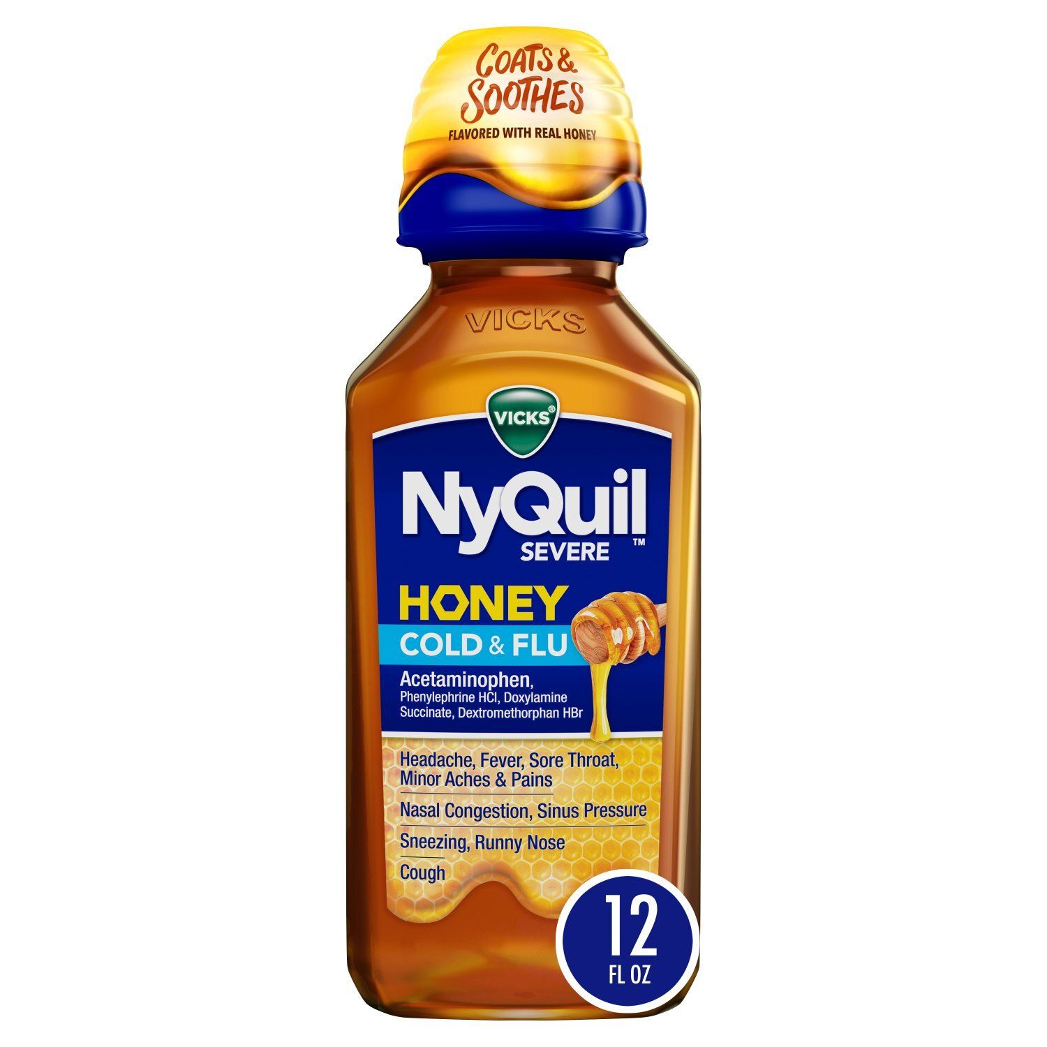 Vicks NyQuil SEVERE Honey Cold &amp; Flu Liquid Over-the-Counter Medicine, Powerful Nighttime Relief fo