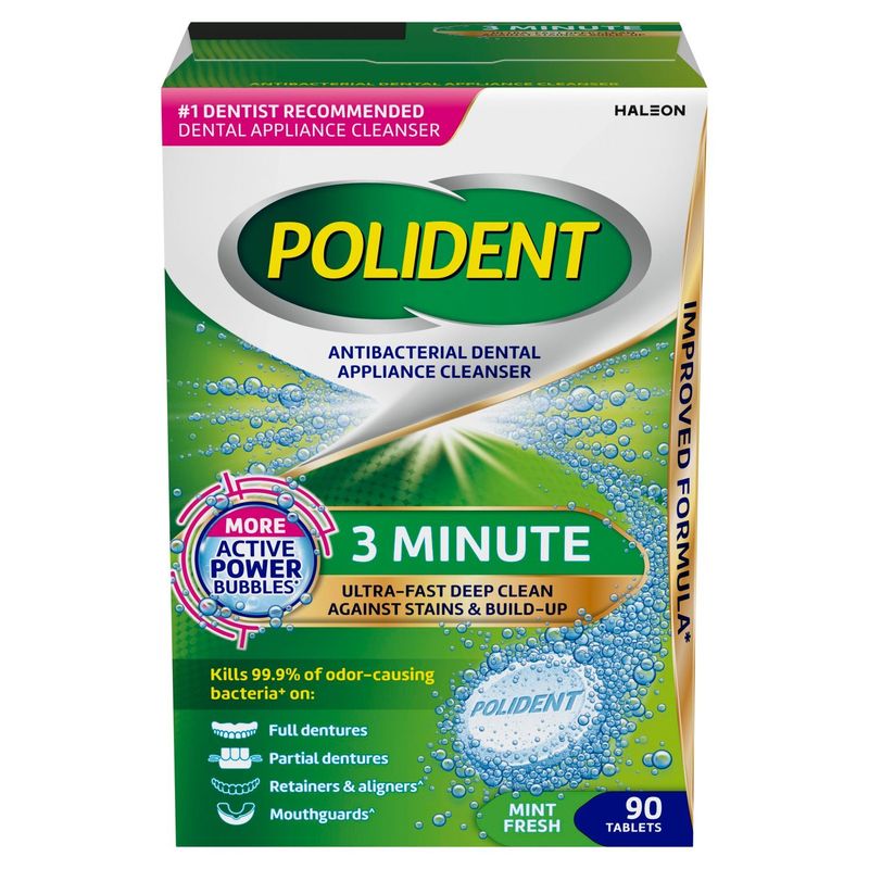 Polident Antibacterial Dental Appliance Cleanser 3 Minute Mint Fresh Tablets, 90 count