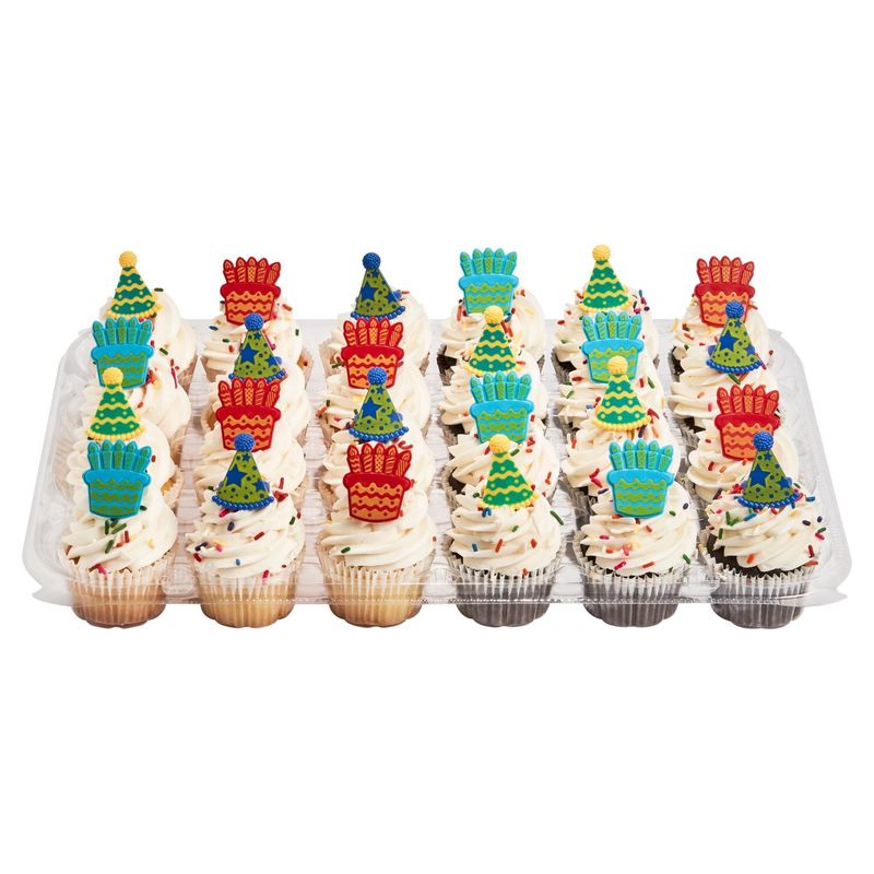 24 Pack Yellow and Chocolate Cupcakes With Vanilla Icing with Picks