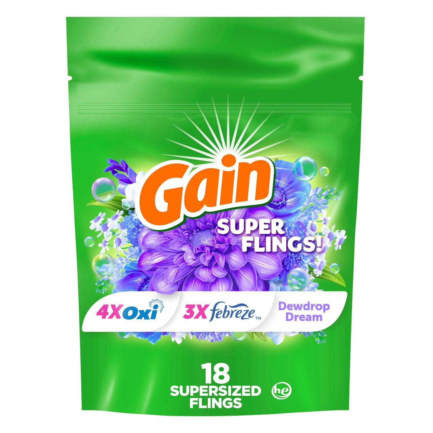 Gain Super Flings Laundry Detergent Pacs, 18 Count, Dewdrop Dream, irresistibly clean and fresh