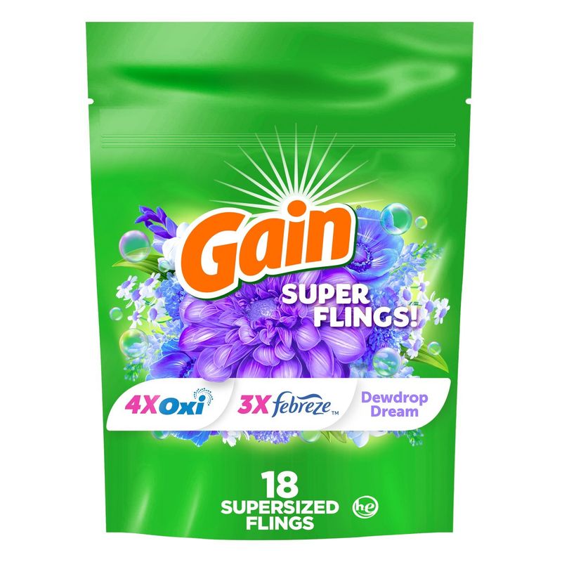 Gain Super Flings Laundry Detergent Pacs, 18 Count, Dewdrop Dream, irresistibly clean and fresh