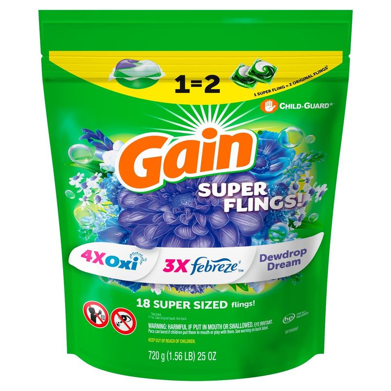 Gain Super Flings Laundry Detergent Pacs, 18 Count, Dewdrop Dream, irresistibly clean and fresh
