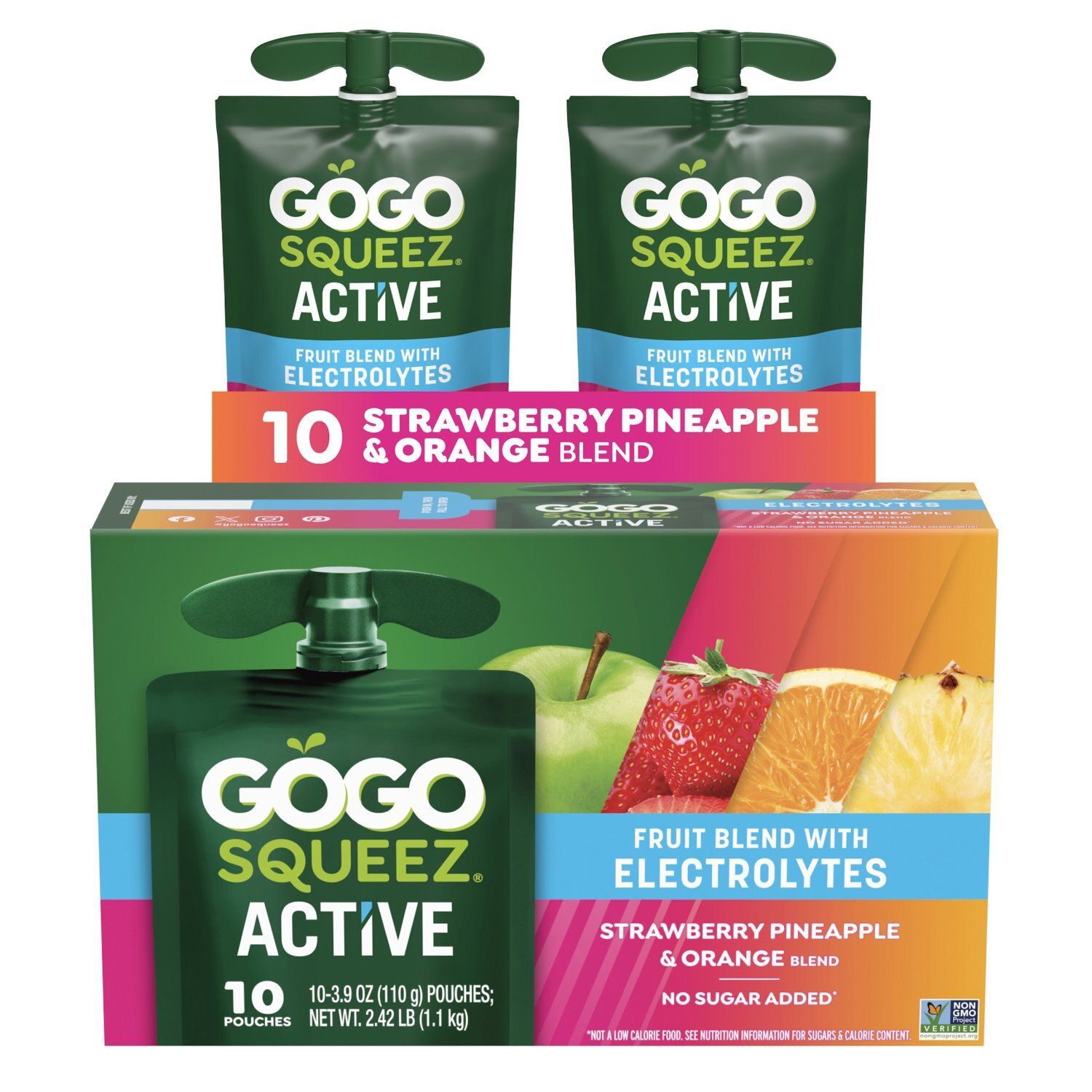 GoGo Squeez Active Strawberry, Pineapple &amp; Orange Fruit Blend with Electrolytes, 3.9 oz, 10 count