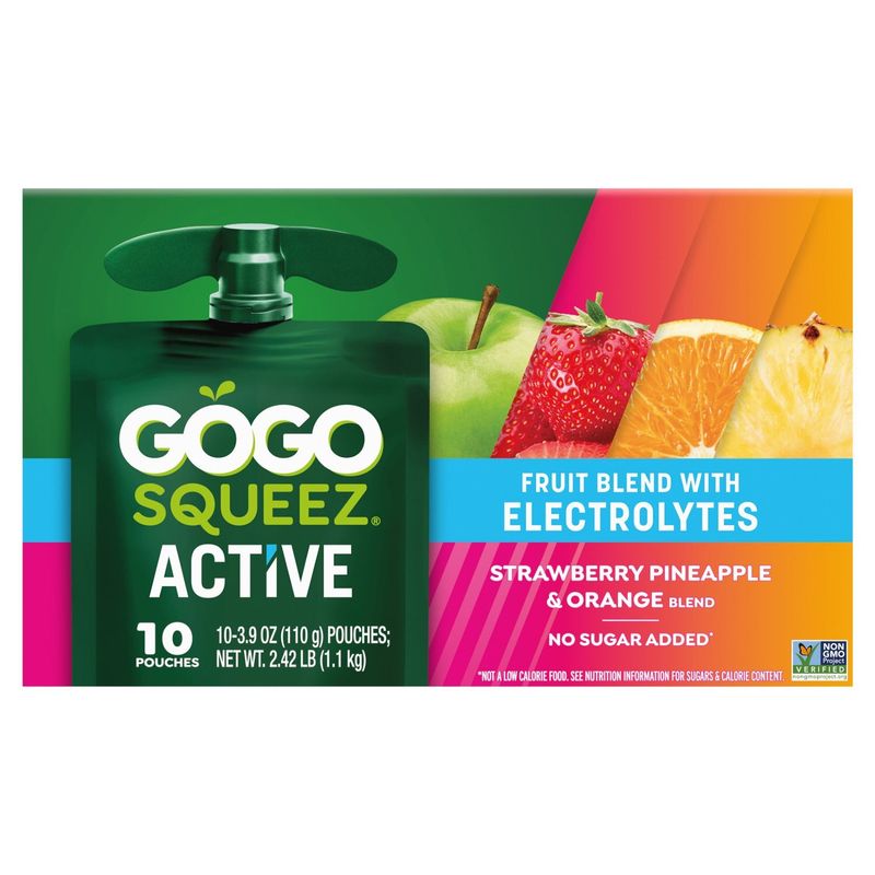 GoGo Squeez Active Strawberry, Pineapple &amp; Orange Fruit Blend with Electrolytes, 3.9 oz, 10 count