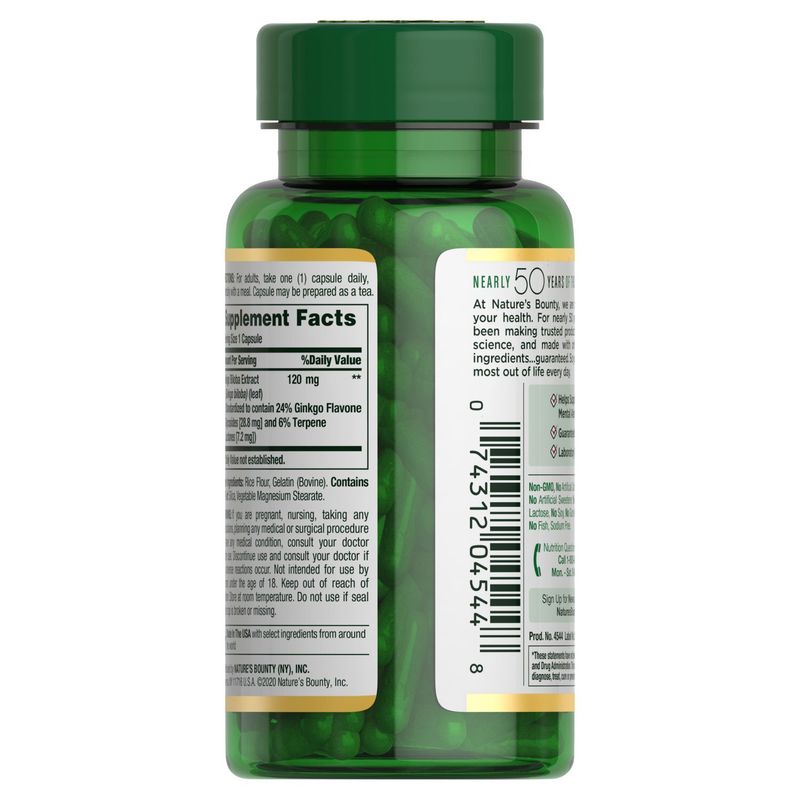 Nature's Bounty Ginkgo Biloba Herbal Supplement, 120 mg, 100 count