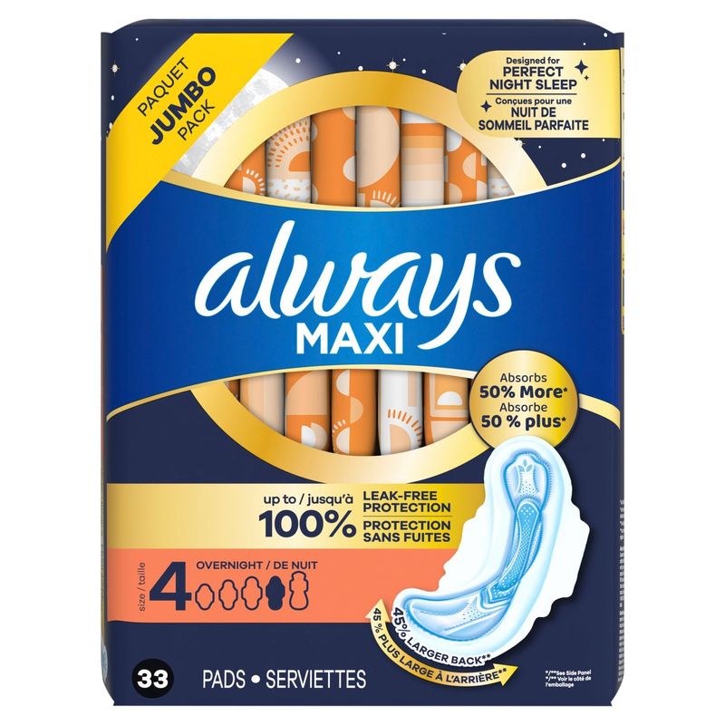 Always Maxi Overnight Flexi-Wings Pads Jumbo Pack, Size 4, 33 count