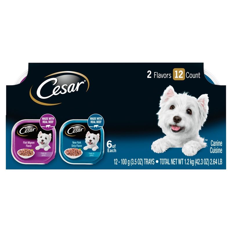 CESAR Adult Wet Dog Food Filets in Gravy Variety, Filet Mignon &amp; New York Strip, (12) 3.5 oz. Trays