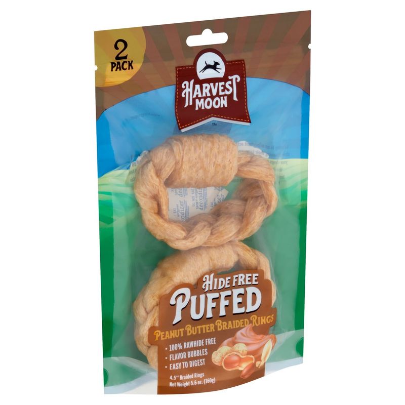 Harvest Moon 4.5" Hide Free Puffed Peanut Butter Braided Rings Dog Chews, 2 count, 5.6 oz