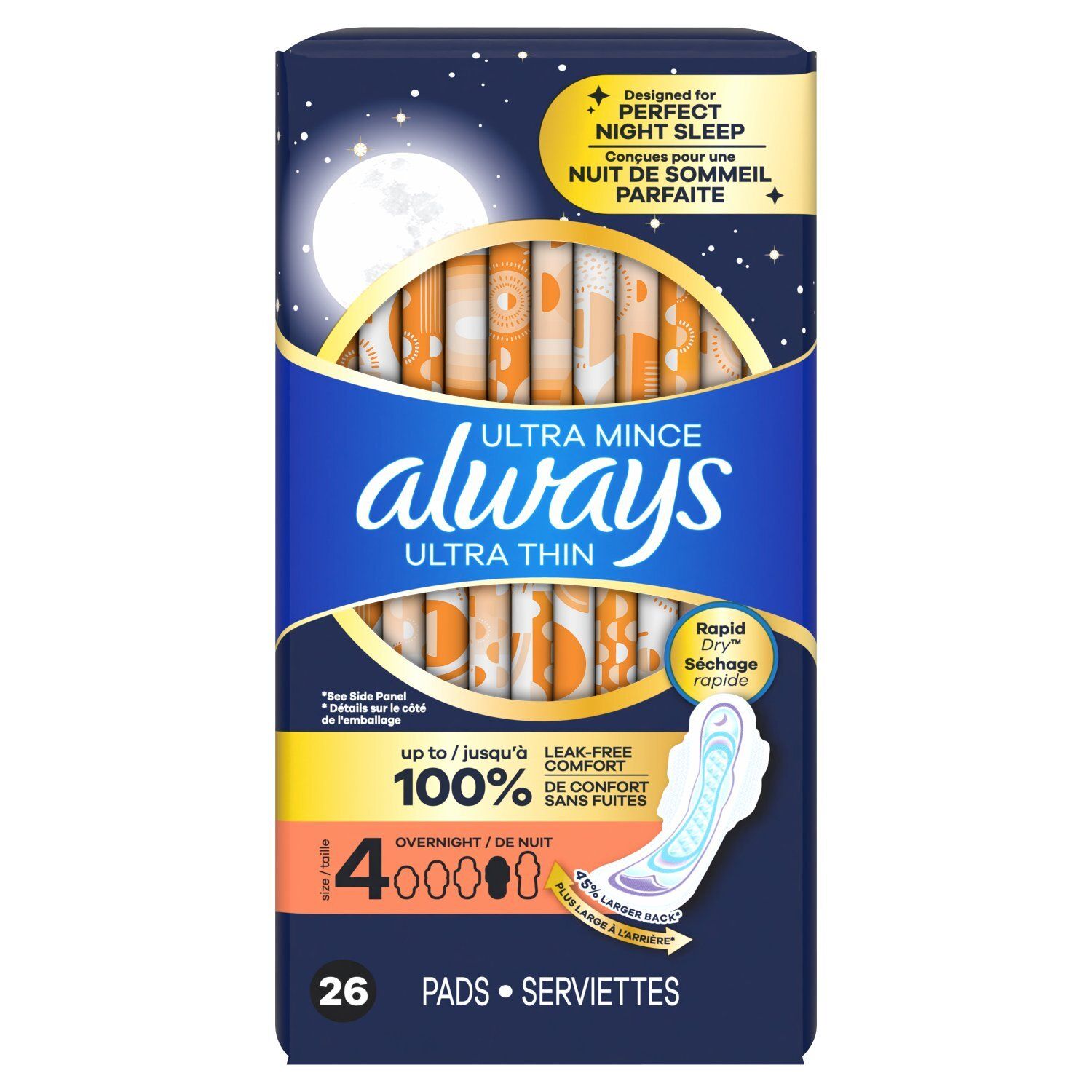 Always Ultra Thin Feminine Pads with Wings for Women, Size 4, Overnight Absorbency, Unscented, 26 C