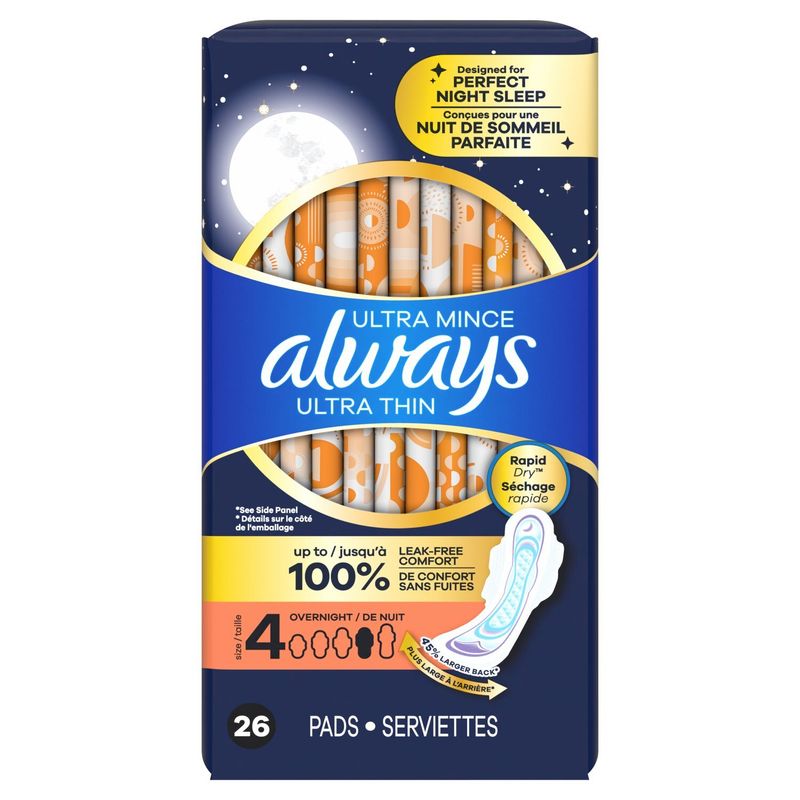 Always Ultra Thin Feminine Pads with Wings for Women, Size 4, Overnight Absorbency, Unscented, 26 C