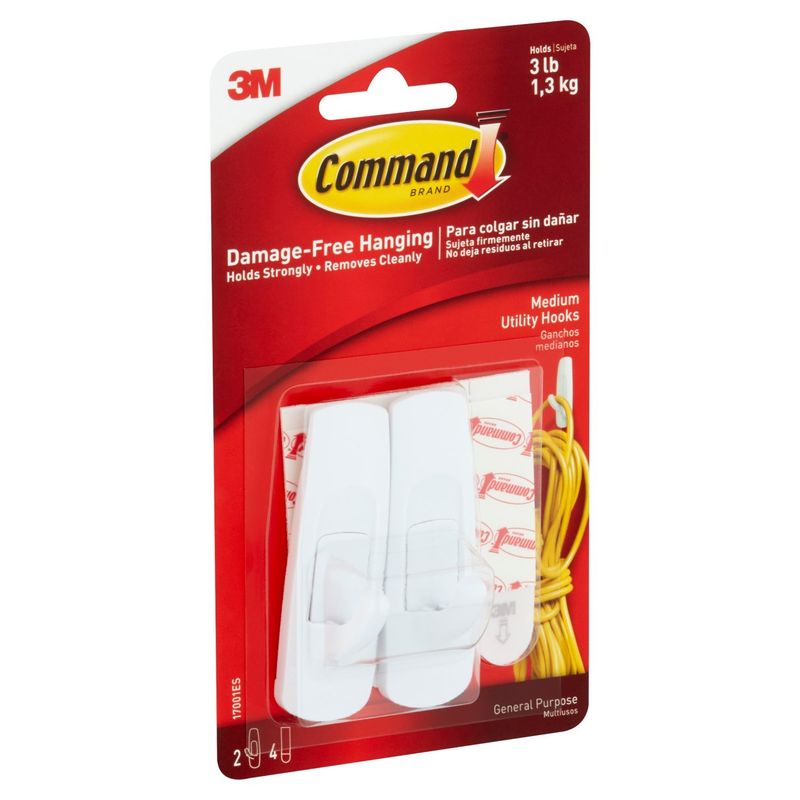 Command™ Medium Hooks, White, 2 Hooks, 4 Strips/Pack