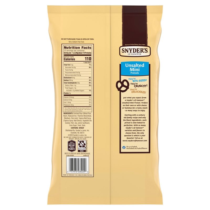 Snyder's of Hanover Unsalted Mini Pretzels, 12 oz