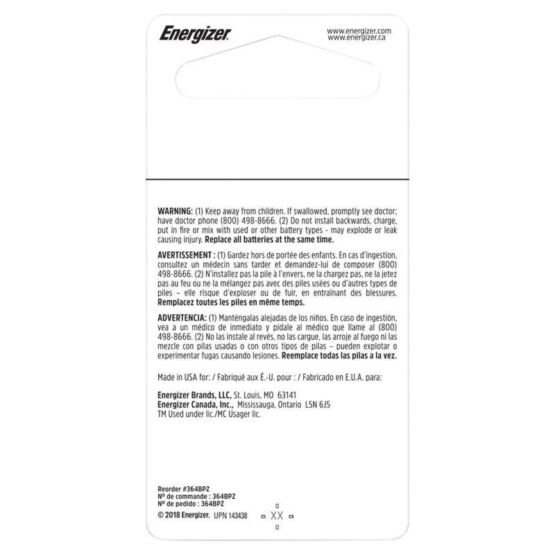 Energizer 364 Silver Oxide Button Battery, 1 Pack
