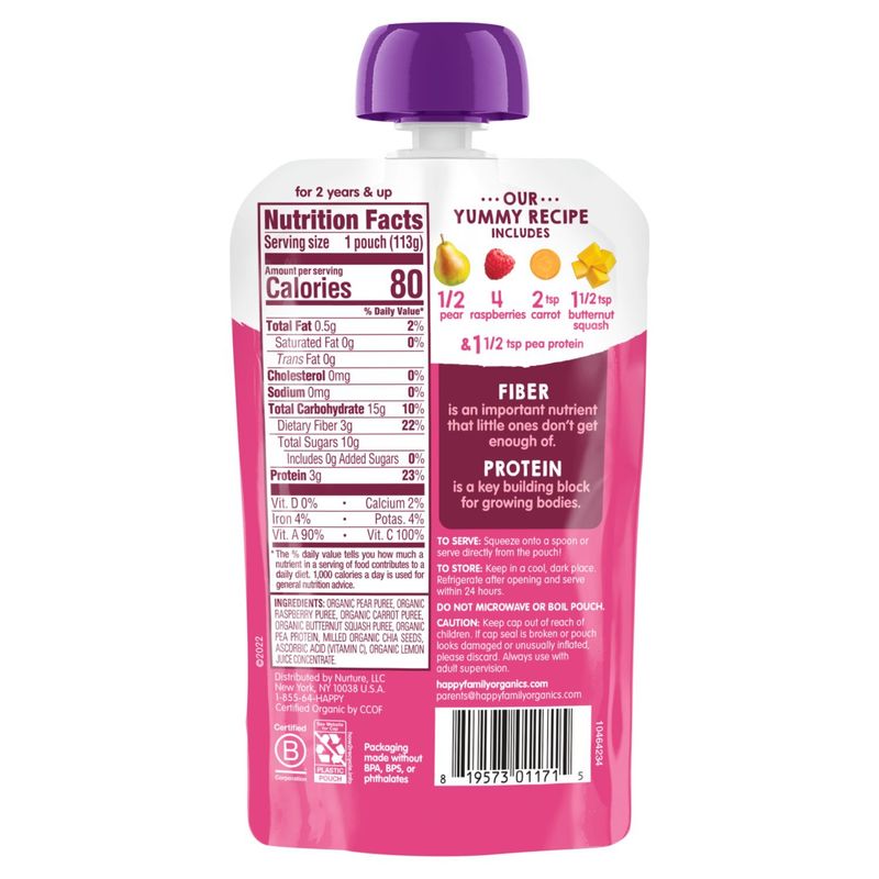 Happy Tot Organics Fiber &amp; Protein Stage 4 Organic Pears, Raspberries, Carrots &amp; Butternut Squash Pouch 4 oz.