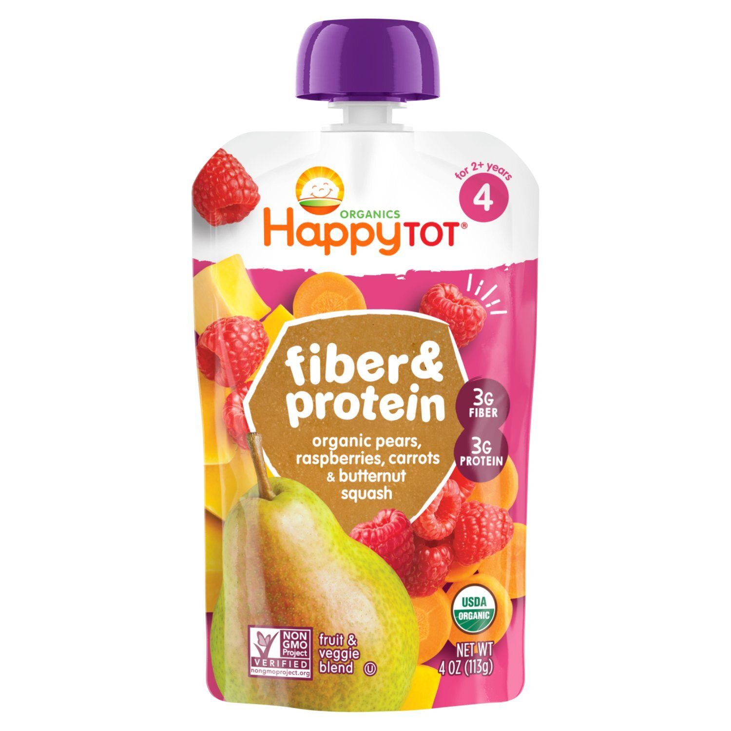 Happy Tot Organics Fiber &amp; Protein Stage 4 Organic Pears, Raspberries, Carrots &amp; Butternut Squash Pouch 4 oz.