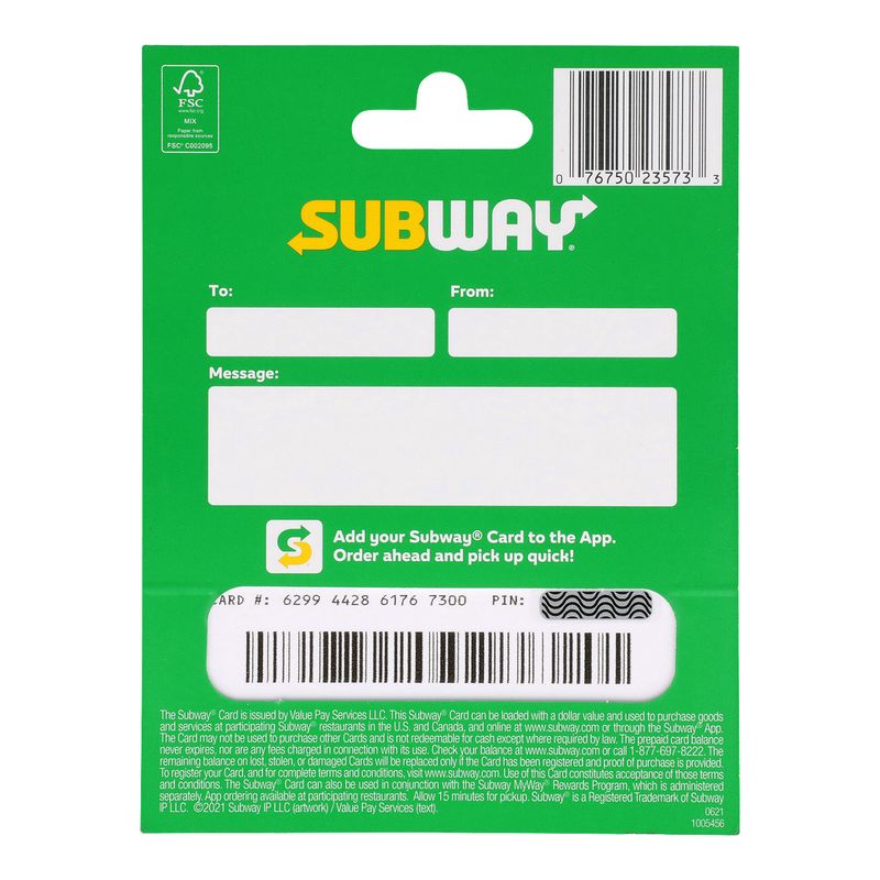 Subway $15 Gift Card, 1 each