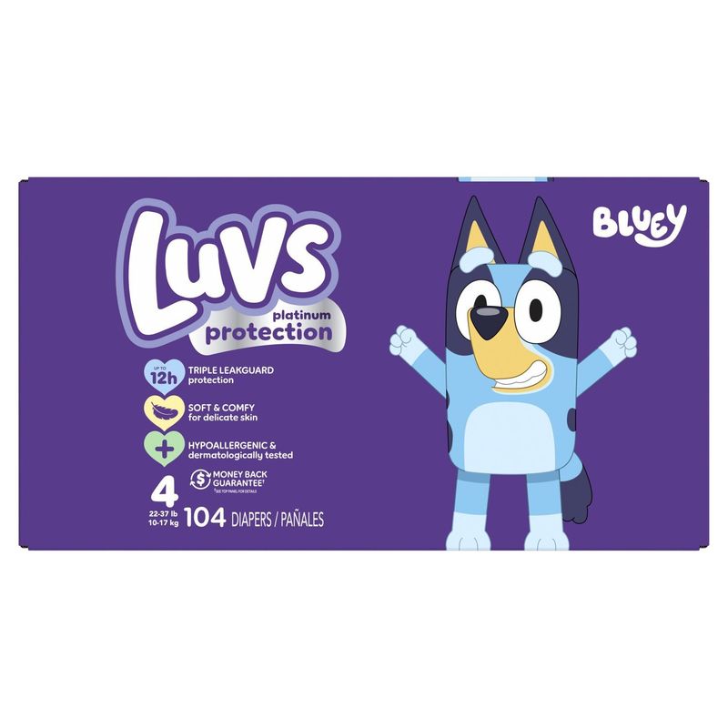 Luvs Bluey Platinum Protection Diapers, Size 4, 22-37 lb, 104 count