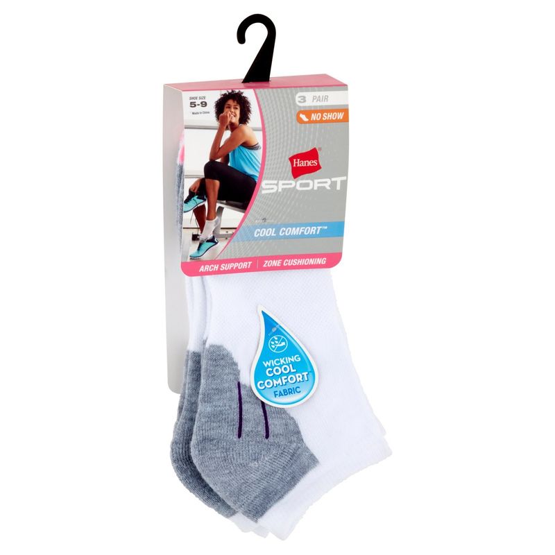 Hanes Cool Comfort Sport No Show Socks, Shoe Size 5-9, 3 pair