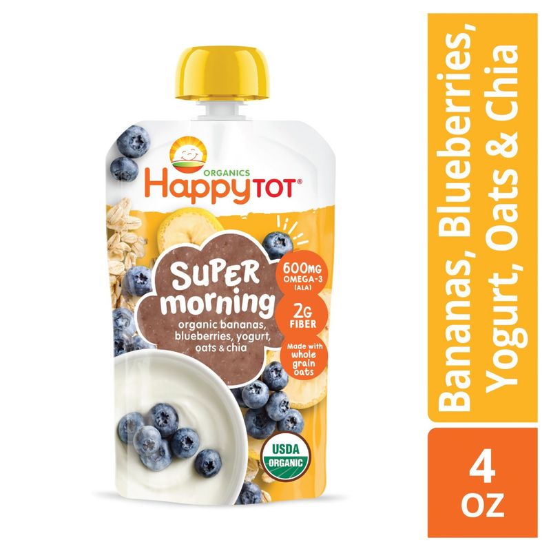 Happy Tot Stage 4 Baby Food Pouches, Gluten Free, Super Morning Fruit &amp; Oat Blend, Bananas, Blueberries, Yogurt, Oats &amp; Chia, 4 Oz.