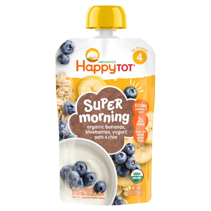 Happy Tot Stage 4 Baby Food Pouches, Gluten Free, Super Morning Fruit &amp; Oat Blend, Bananas, Blueberries, Yogurt, Oats &amp; Chia, 4 Oz.