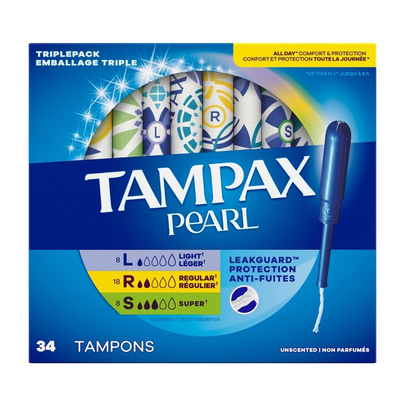 TAMPAX Pearl Light, Regular and Super Absorbency Unscented Tampons Triplepack, 34 count
