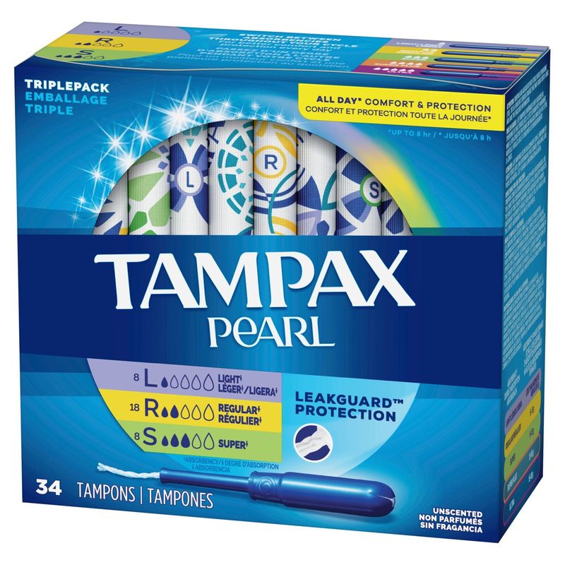TAMPAX Pearl Light, Regular and Super Absorbency Unscented Tampons Triplepack, 34 count