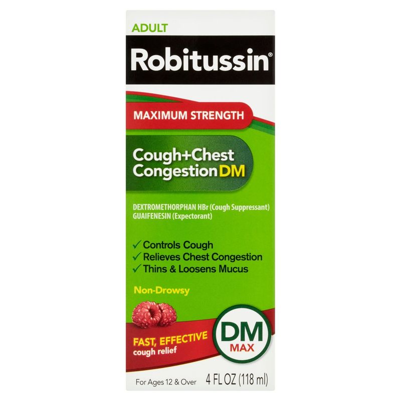 Robitussin Adult Maximum Strength Cough+Chest Congestion DM Max Liquid, For Ages 12 &amp; Over, 4 fl oz