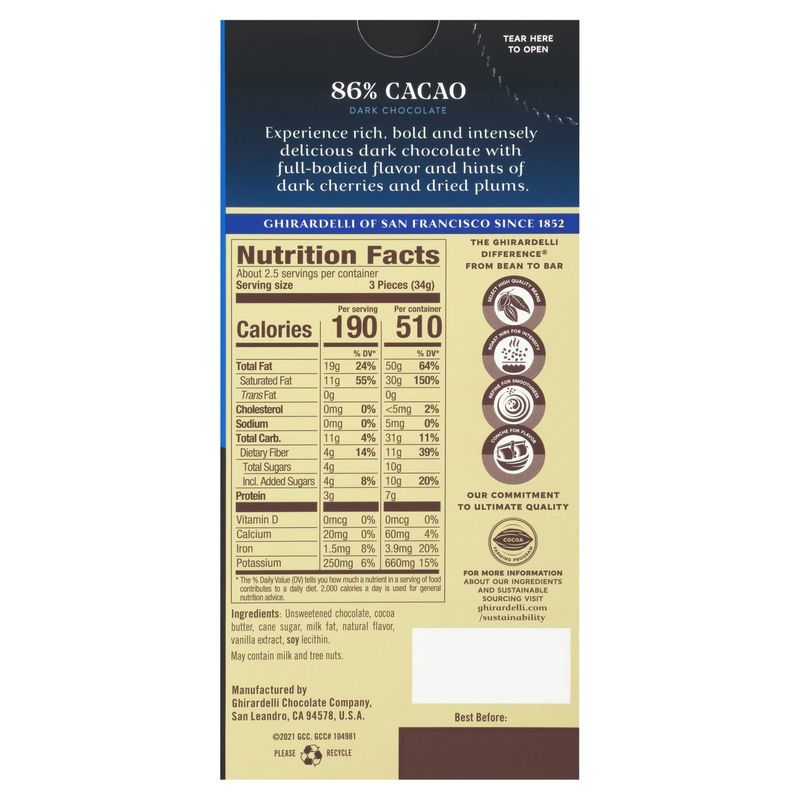 GHIRARDELLI Intense Dark Chocolate Bar, 86% Cacao, 3.17 Oz Bar