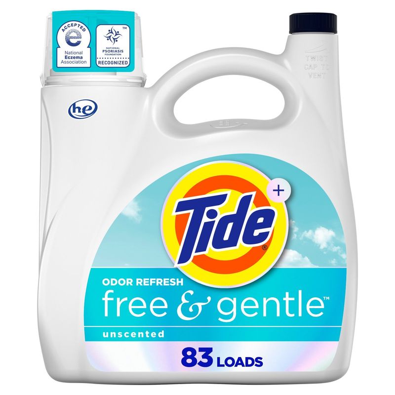Tide+ Free and Gentle Odor Refresh Liquid Laundry Detergent, 117 fl oz, 82 Loads