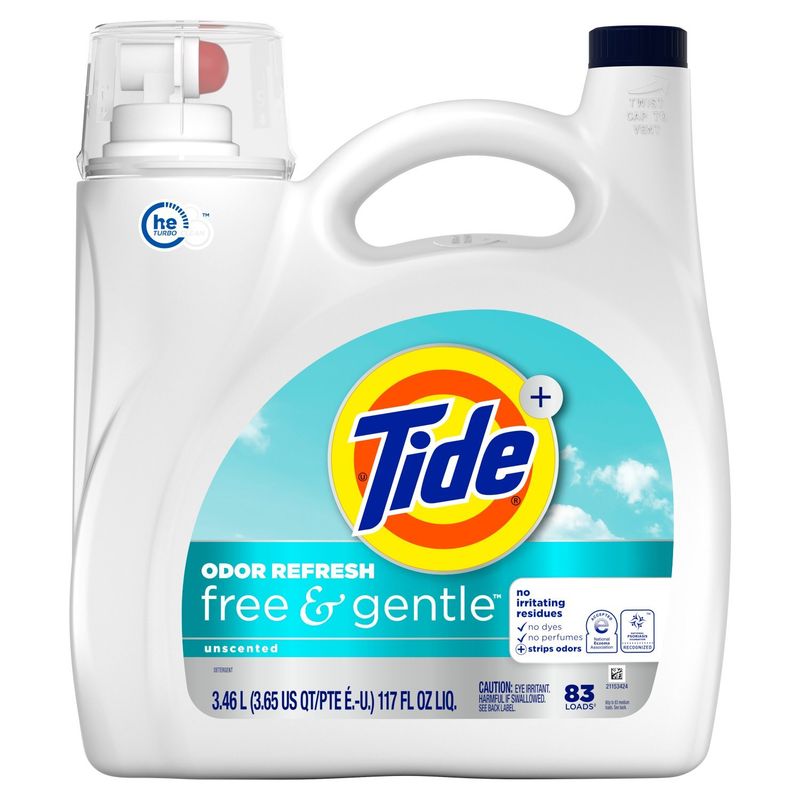 Tide+ Free and Gentle Odor Refresh Liquid Laundry Detergent, 117 fl oz, 82 Loads
