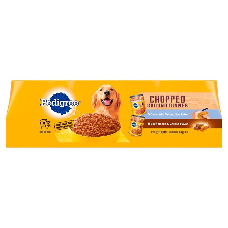 PEDIGREE CHOPPED GROUND DINNER Adult Canned Wet Dog Food, Chicken, Liver &amp; Beef Bacon, (12) 13.2 oz.